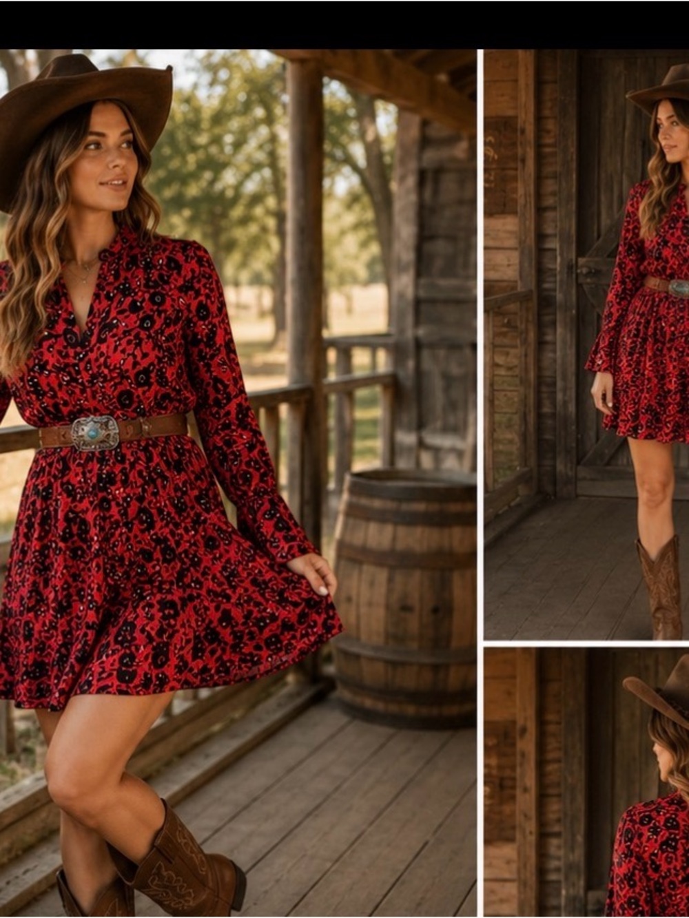 Maeve Anthropologie Red‎ Black Floral Country Western Boho Sleeves Dress L